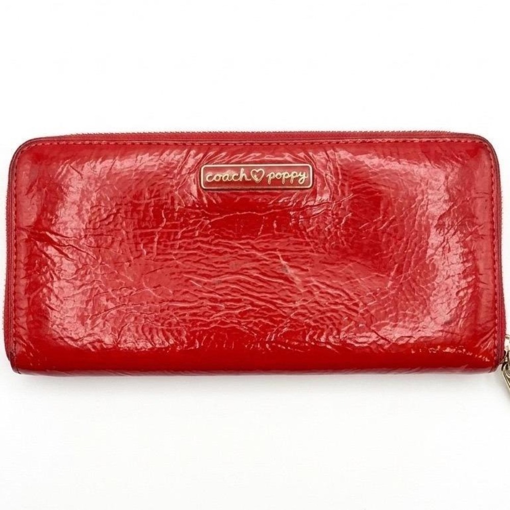 Coach‎ Poppy Red Patent Leather Floral Zip Around Accordion Long Wallet 2011 - Picture 2 of 7